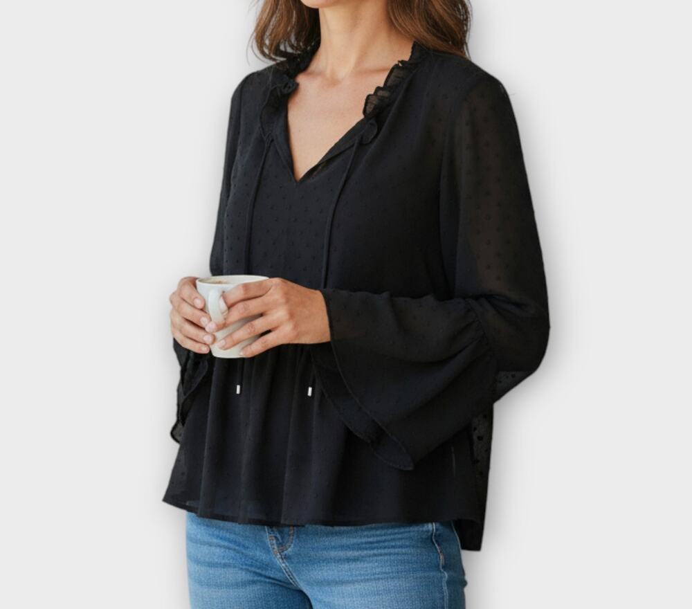 WHBM White House Black Market Black Sheer Lined Blouse Hobnail 4 Polyester
